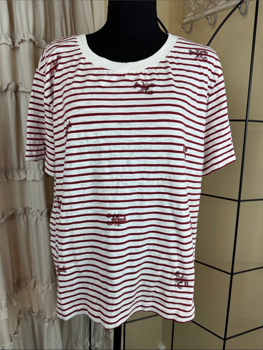 Jane + Delancey Red and White Striped Lobster T-Shirt Tee Size L NWT